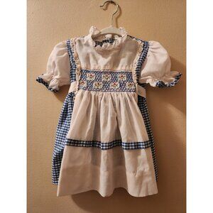 Vintage 70s Polly Flinders Handsmocked Blue & White Dress Girls Size T2
